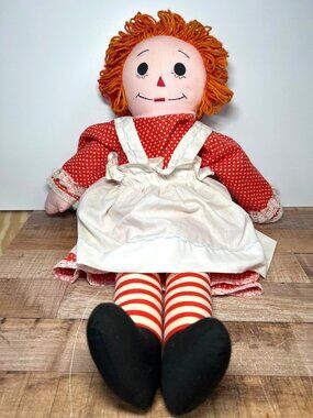 Vintage Raggedy Ann Cloth Doll Red Dress White Apron Embroidered Face 21 Inches